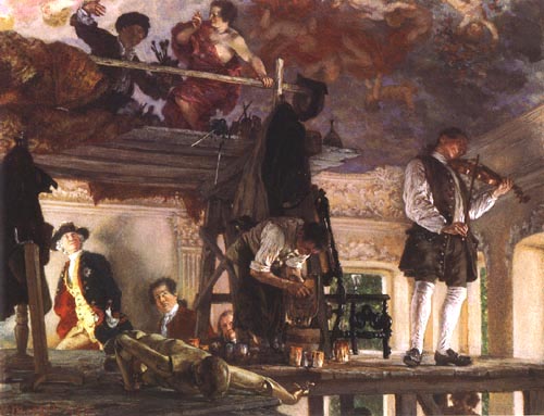 Le prince héritier Frédéric rend visite au peintre Pesne sur son échafaudage à Rheinsberg von Adolph Friedrich Erdmann von Menzel