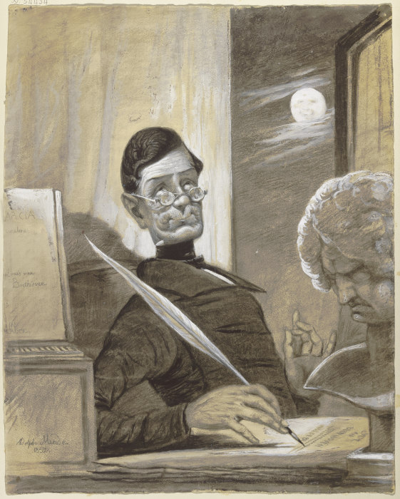 Der Musikschriftsteller Anton Schindler bei Mondschein an seinem Schreibtisch sitzend, neben ihm die von Adolph Mende