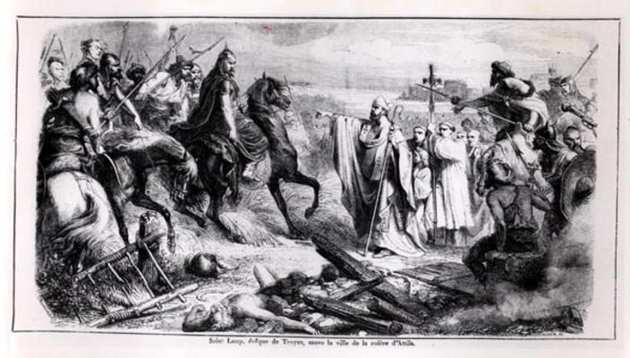 St. Loup defending the city of Troyes against Attila the Hun (c.406-453) on his Horse, illustration von Adolphe Francois Pannemaker