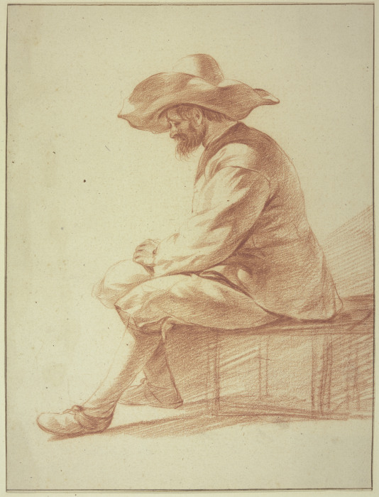 Sitzender Mann mit großem Hut nach links von Adriaen van de Velde