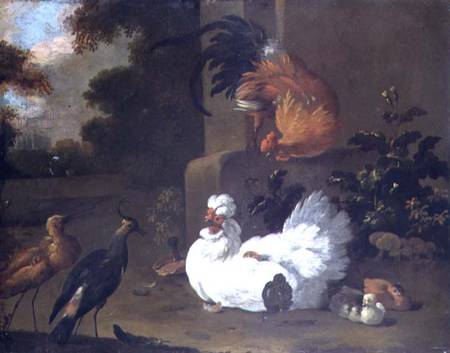 A Ruft, a Lapwing and chickens by a mounting block von Adriaen van Oolen