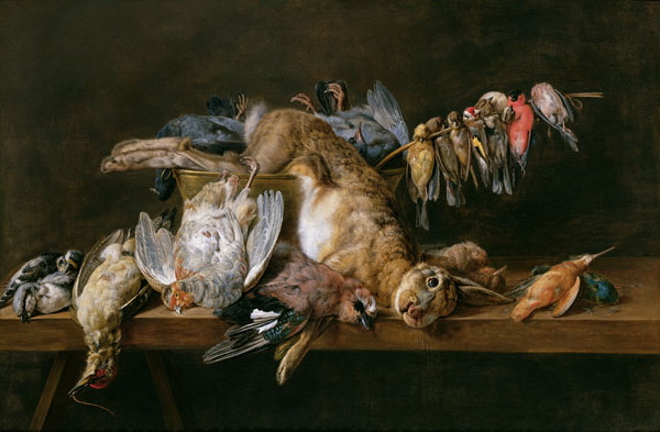 Still life of dead birds and a hare on a table von Adriaen van Utrecht
