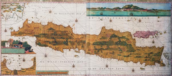 Insulae lavae, a large folding map of Java with two insets both depicting views of Batavia (Jakarta) von Adrian Reland