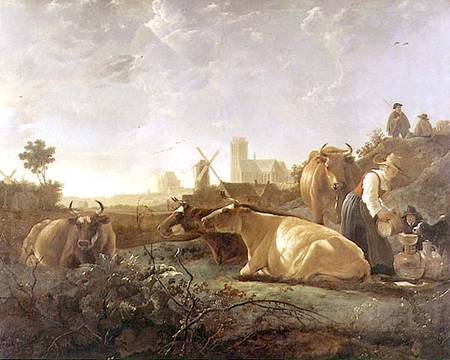 A Distant View of Dordrecht with Sleeping Herdsman and Five Cows ('The Small Dort') von Aelbert Cuyp
