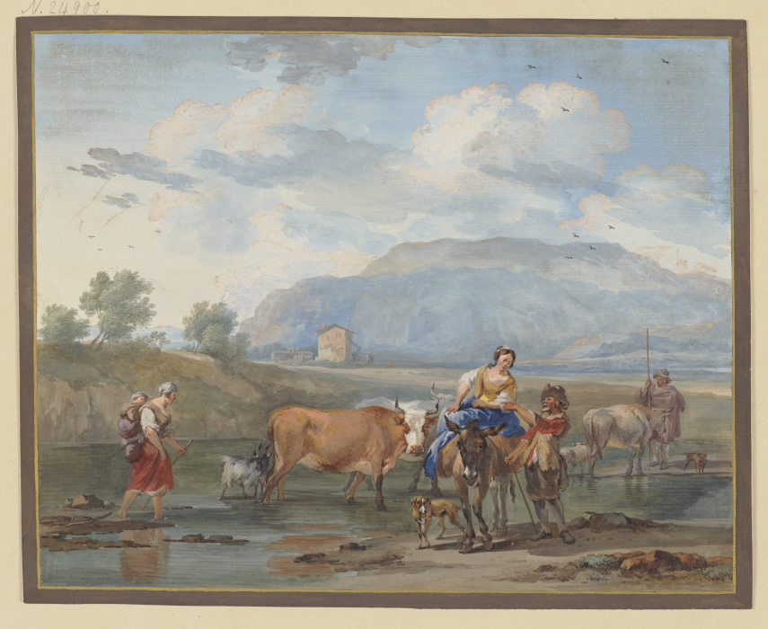 Hirten treiben Kühe durch ein Wasser, links trägt eine Frau ihr Kind auf dem Rücken, rechs reitet ei von Aert Schouman