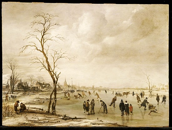 A Winter Landscape with Townsfolk Skating and Playing Kolf on a Frozen River, a Town Beyond von Aert van der Neer
