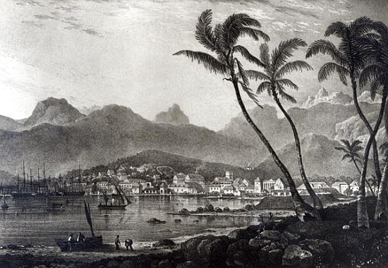 Port Louis from ''Views in the Mauritius'' by T.Bradshaw; engraved by William Rider von (after) BradshawT.