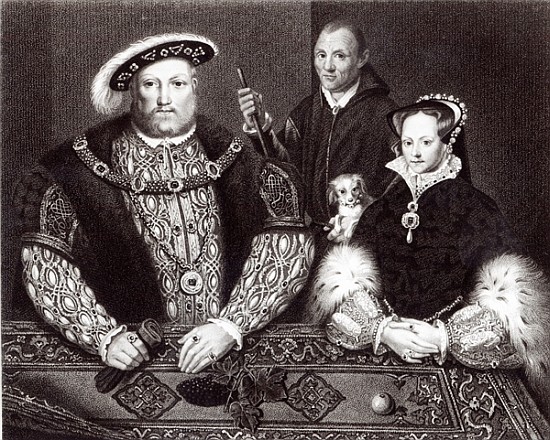 Henry VIII, his daughter Queen Mary and Will Somers, after a 16th century oil painting, painted post von (after) English School