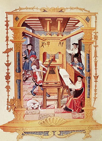 Interior of a 16th century printing works, copy of a miniature from ''Chants royaux sur la Conceptio von (after) French School