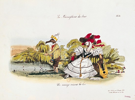 Marriage the Book, caricature from ''Les Metamorphoses du Jour'' series; engraved by  G. Langlume (1 von (after) Grandville (Jean Ignace Isidore Gerard)