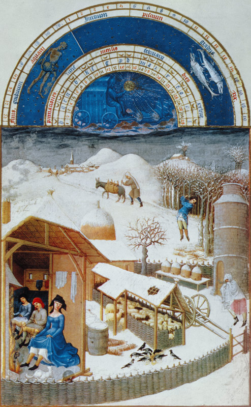 Facsimile of February: farmyard scene with peasants, copied from ''from the ''Tres Riches Heures du  von (after) Limbourg Brothers