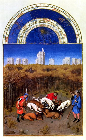 Fascimile of December: hunting wild boar, copied from ''Tres Riches Heures du Duc de Berry''  (for o von (after) Limbourg Brothers