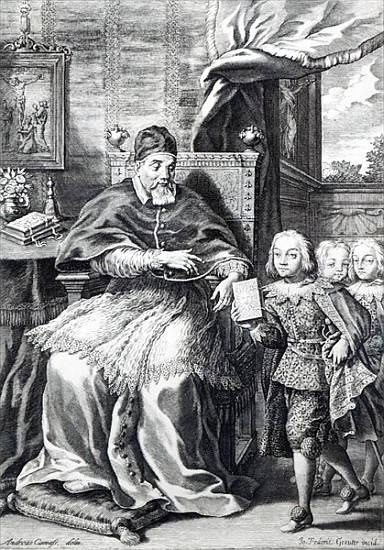Pope Urban VIII with his nephews; engraved by Johann Friedrich Greuter von (after) Andrea Camassei