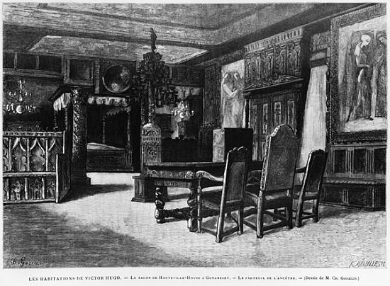 Homes of Victor Hugo, the lounge at Hauteville house in Guernsey, the armchair of the ancestor; engr von (after) Charles Gosselin