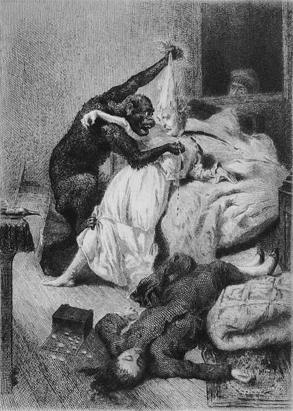 Illustration for ''The Murders in the Rue Morgue'' Edgar Allan Poe (1809-49) ; engraved by Eugene Mi von (after) Daniel Urrabieta Vierge