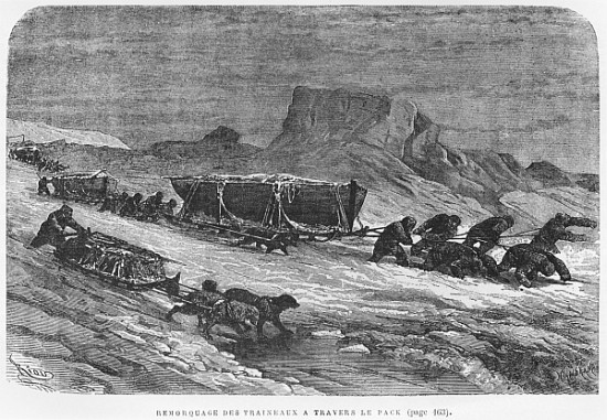 Pulling the sledges through the pack ice, illustration from ''Expedition du Tegetthoff'' Julius Pray von (after) Edouard Riou