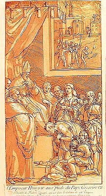 Emperor Henri IV (1050-1106) at the feet of Pope Gregory VII (1020-85) ; engraved by Nicolas Le Sueu von (after) Federico Zuccari or Zuccaro