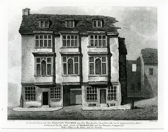 A South View of the Falcon Tavern, on the Bankside, Southwark; engraved by William Wise von (after) Frederick Nash