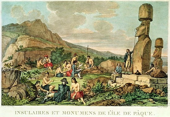 \\Islanders and Monuments of Easter Island\\\, plate 11 from the \\\Atlas de Voyage de La Perouse\\\ von (after) Gaspard Duche de Vancy
