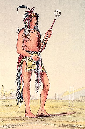 Sioux ball player Ah-No-Je-Nange, ''He who stands on both sides'' (hand-coloured litho) von (after) George Catlin