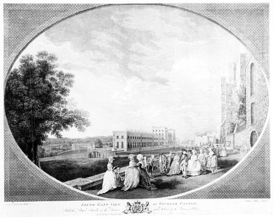 South East view of Windsor Castle, with the Royal Family on the terrace and a view of the Queen''s P von (after) George Robertson