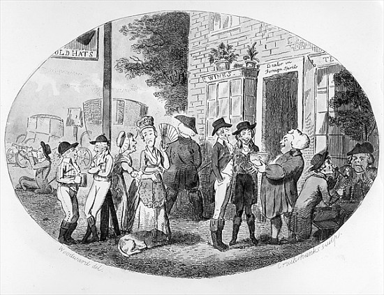 Outside the Old Hats Tavern; engraved by Isaac Cruikshank von (after) George Moutard Woodward
