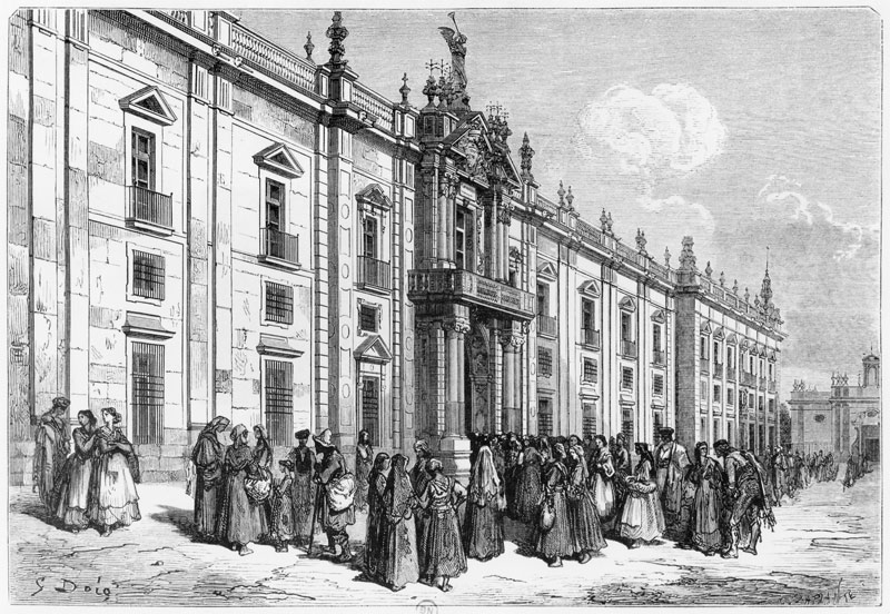 The tobacco factory at Seville; engraved by Charles Laplante (d.1903) von (after) Gustave Dore