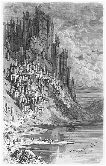 Fantasy landscape with town and castle, illustration from ''Les Contes Drolatiques'' Honore de Balza von (after) Gustave Dore
