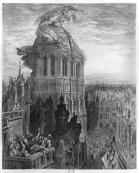 Gargantua on the towers of Notre-Dame at Paris, illustration from ''Gargantua'' Francois Rabelais (1 von (after) Gustave Dore