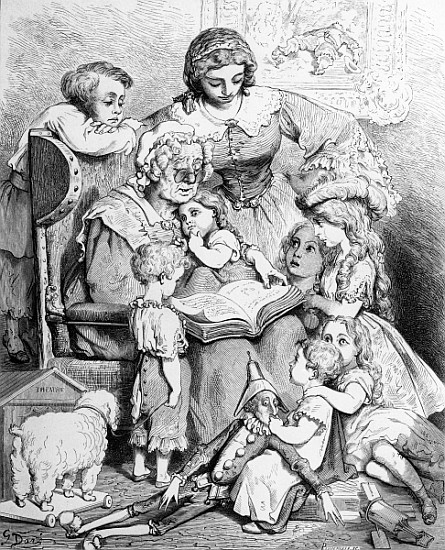 Grandmother telling a story to her grandchildren, illustrated title page from ''Les contes de Perrau von (after) Gustave Dore
