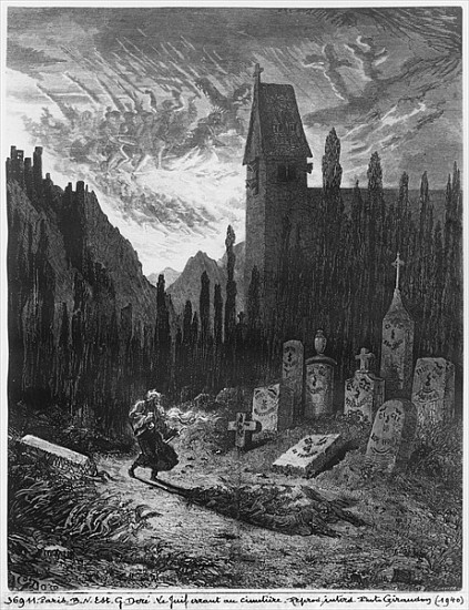 The Wandering Jew in the cemetery; engraved by Octave Jahyer (b.1826) von (after) Gustave Dore
