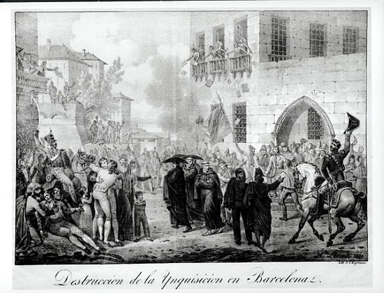 Destruction of the Inquisition in Barcelona, 10th March 1820; engraved by Godefroy Engelmann (1788-1 von (after) Hippolyte Lecomte