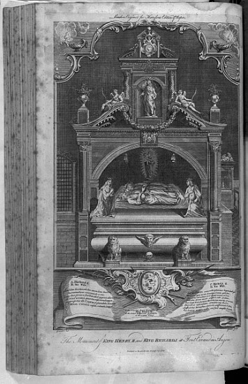 The Monument to Henry II and Richard I in Fontevrault Abbey; engraved by John Goldar von (after) Hubert Gravelot