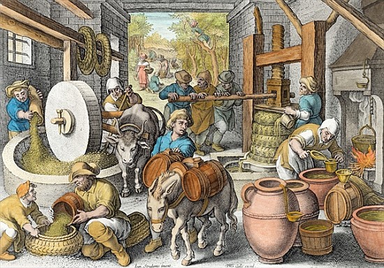 The Production of Olive Oil, plate 13 from ''Nova Reperta'' (New Discoveries) ; engraved by Philip G von (after) Jan van der (Giovanni Stradano) Straet
