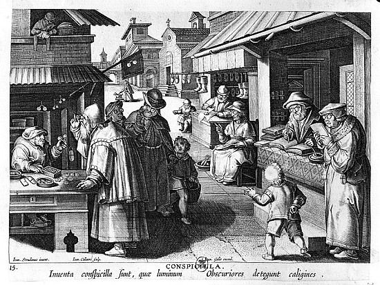 The Spectacles Seller; engraved by Jan Collaert and Joan Galle (1600-76) von (after) Jan van der (Giovanni Stradano) Straet