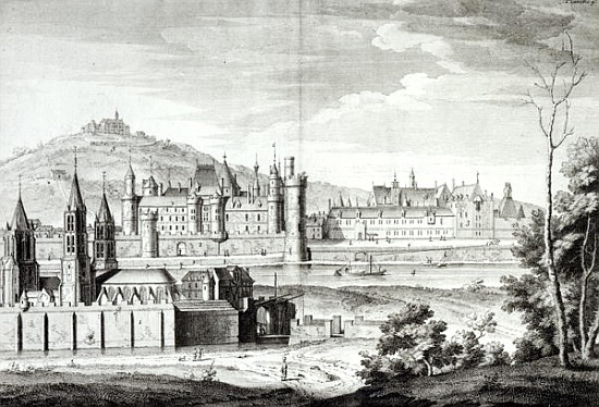 View of the Abbey of Saint-Germain-des-Pres, the Louvre, Petit Bourbon, Montmartre and the Seine in  von (after) Jean Chaufourier