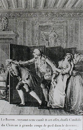 Le Baron...chassa Candide du Chateau a grands coups de pied dans le derriere'', illustration from ch von (after) Jean Michel the Younger Moreau