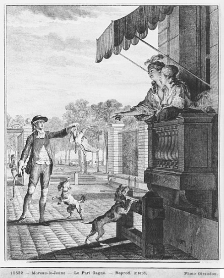 Taking up a bet; engraved by Camligue (fl.1785) c.1777 von (after) Jean Michel the Younger Moreau