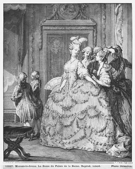 The lady at the Palais de la Reine; engraved by Pietro Antonio Martini (1739-97) von (after) Jean Michel the Younger Moreau