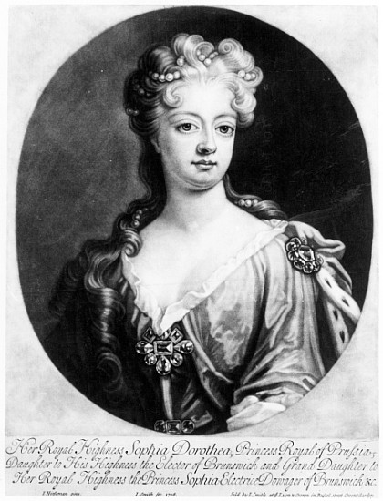Sophia Dorothea, Queen of Prussia; engraved by John Smith von (after) Johann Leonhard Hirschmann