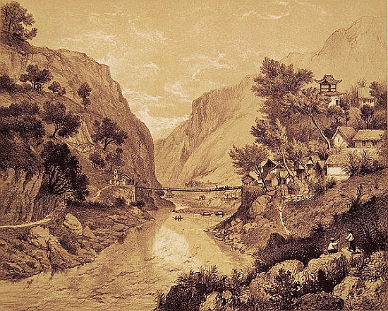 Suspension Bridge at Lao-Oua-Tan, Plate 46, from ''Exploration de l''Indochine, Vol.II''; engraved b von (after) Louis Delaporte