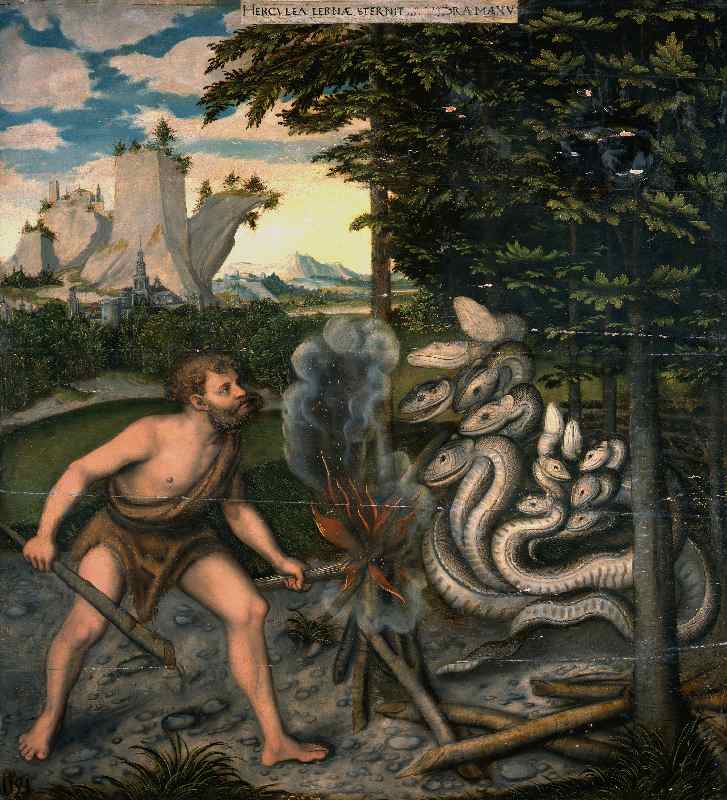 Herkules und die lernäische Schlange. Aus der Serie der Taten des Herkules von Lucas Cranach d.Ä. (Schule oder Umfeld)
