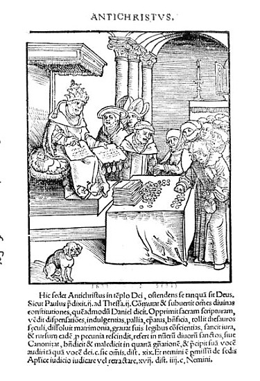 The Pope selling Indulgences from ''Passional Christi und Antichristi'' Philipp Melanchthon, publish von Lucas Cranach d.Ä. (Schule oder Umfeld)