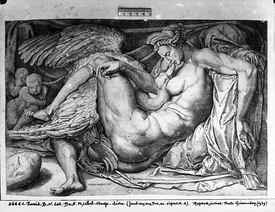 Leda; engraved by Jacobus Bos, Boss or Bossius (b.c.1520) von (after) Michelangelo Buonarroti