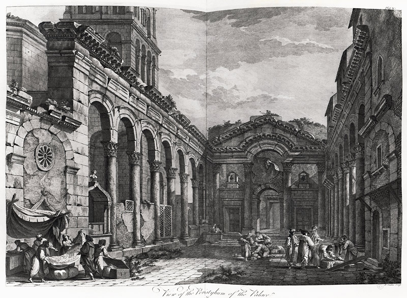 View of the peristyle of the palace of Diocletian (245-313), Roman Emperor 284-305, at Split on the  von (after) Robert Adam