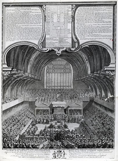 Trial of Simon Fraser, Lord Lovat, in Westminster Hall; engraved by James Basire von (after) Samuel Wale