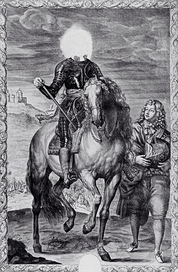 Defaced equestrian portrait of Charles I; engraved by Pierre Lombart von (after) Sir Anthony van Dyck