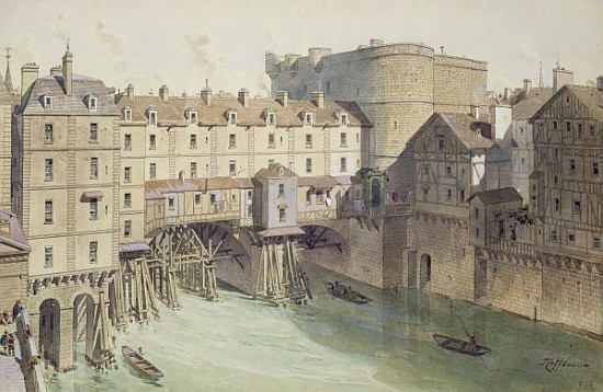 View of Petit Chatelet and the Petit Pont in 1717, illustration from ''Paris Through The Ages'' ; en von (after) Theodor Josef Hubert Hoffbauer