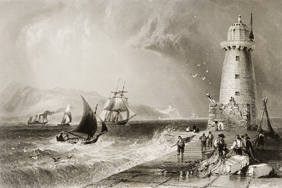 South Wall Lighthouse with Howth Hill in the Distance, Dublin, from ''Scenery and Antiquities of Ire von (after) William Henry Bartlett