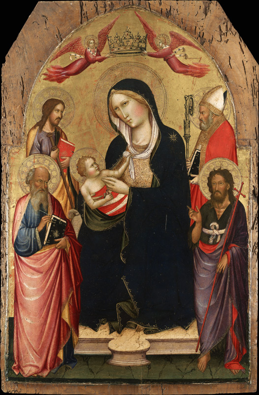 Madonna und Kind mit Heiligen Johannes dem Evangelist, Johannes dem Täufer, Jakobus dem Großen und N von Agnolo Gaddi